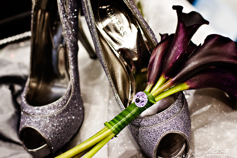 Glittery Wedding Shoes Purple Wedding Bouquet Silver Wedding Table Setting